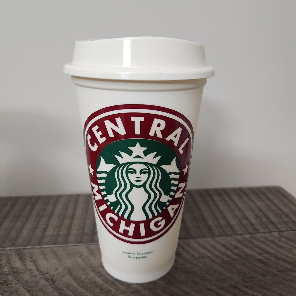 Starbucks Central Michigan Reusable Plastic Coffee Cup White Grande 16 fl oz